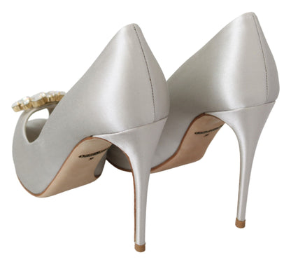 Dolce & Gabbana White Crystal Peep Toe Silk Blend Heels