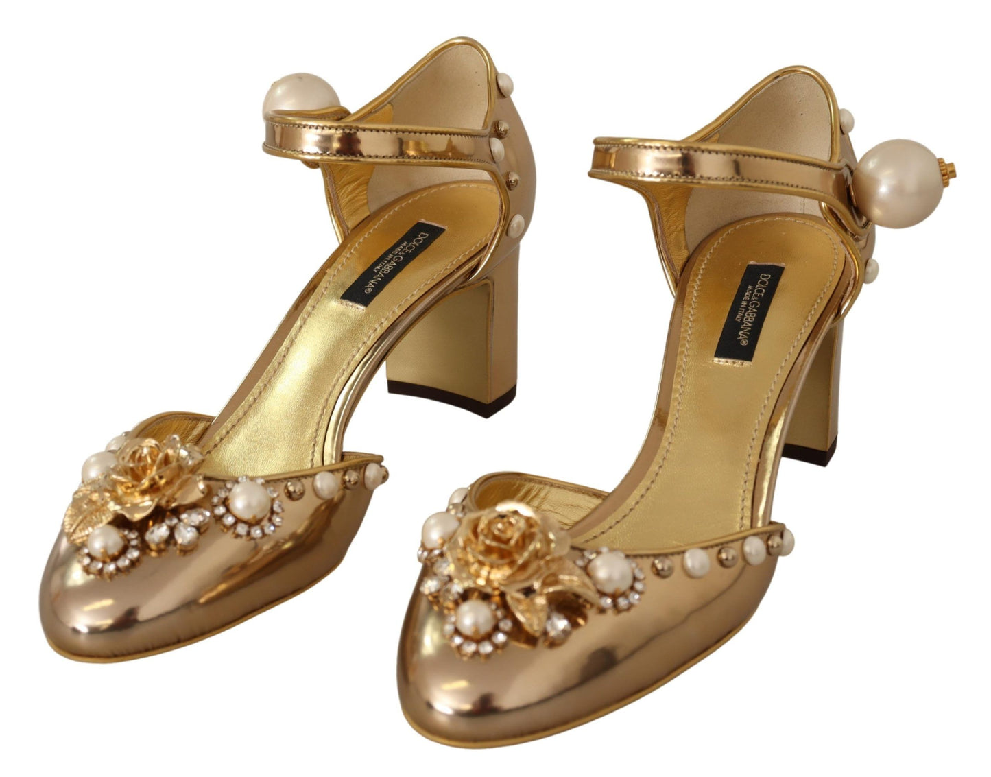 Dolce & Gabbana Elegant Gold Leather Block Heels with Crystals