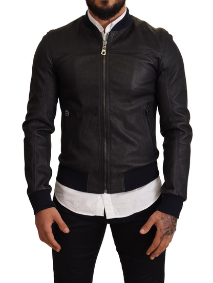 Dolce & Gabbana Elegant Leather Bomber Jacket in Dark Blue