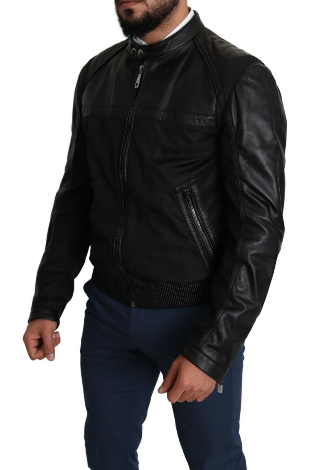 Dolce & Gabbana Elegant Black Bomber with Leather Accents