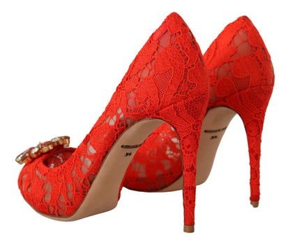 Dolce & Gabbana Red Crystal Taormina Lace Heels Pumps