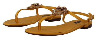 Dolce & Gabbana Mustard T-Strap Flat Sandals with Heart Embellishment