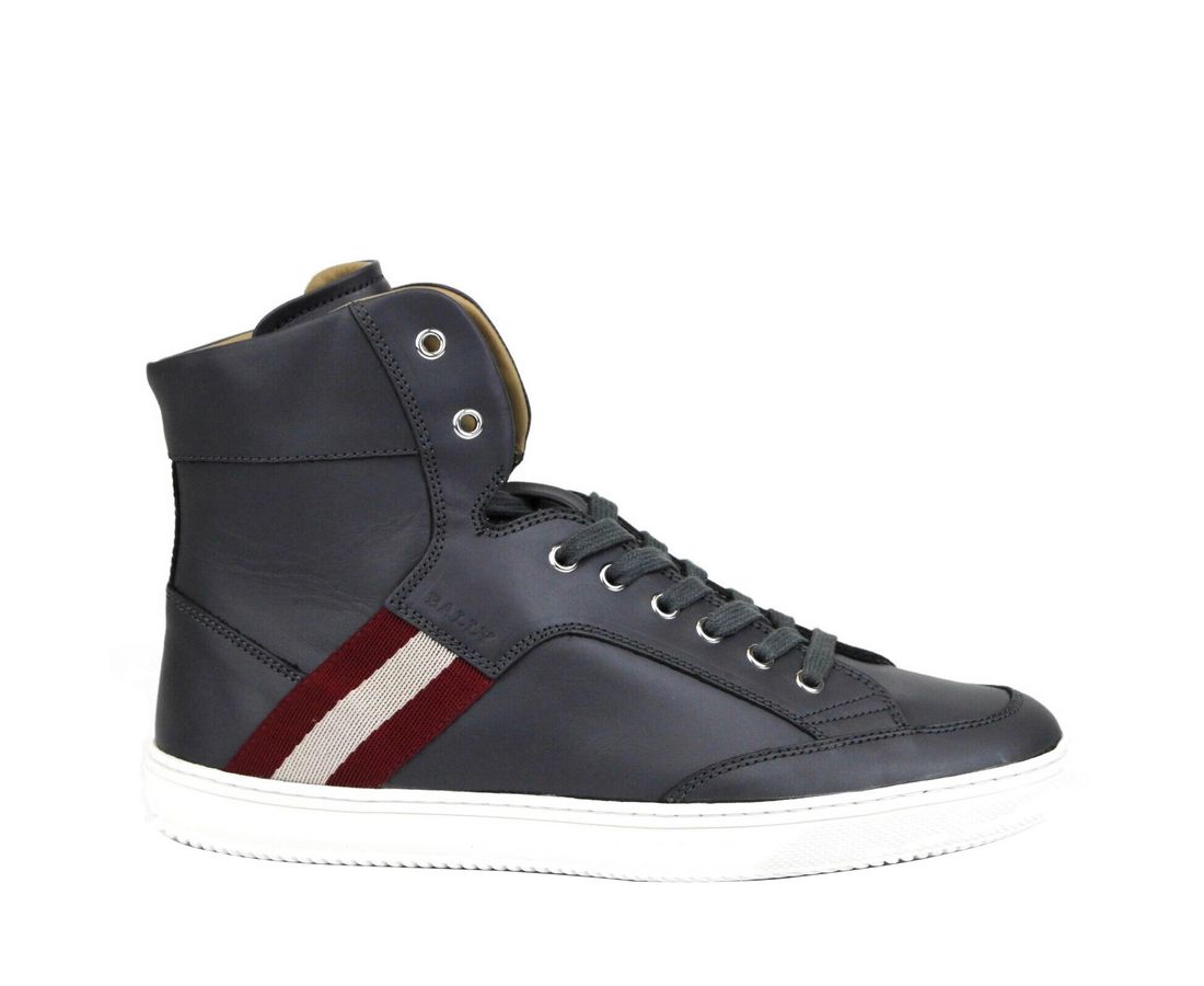 Bally Dark Grey Calf Leather Hi Top Sneaker With Red Beige