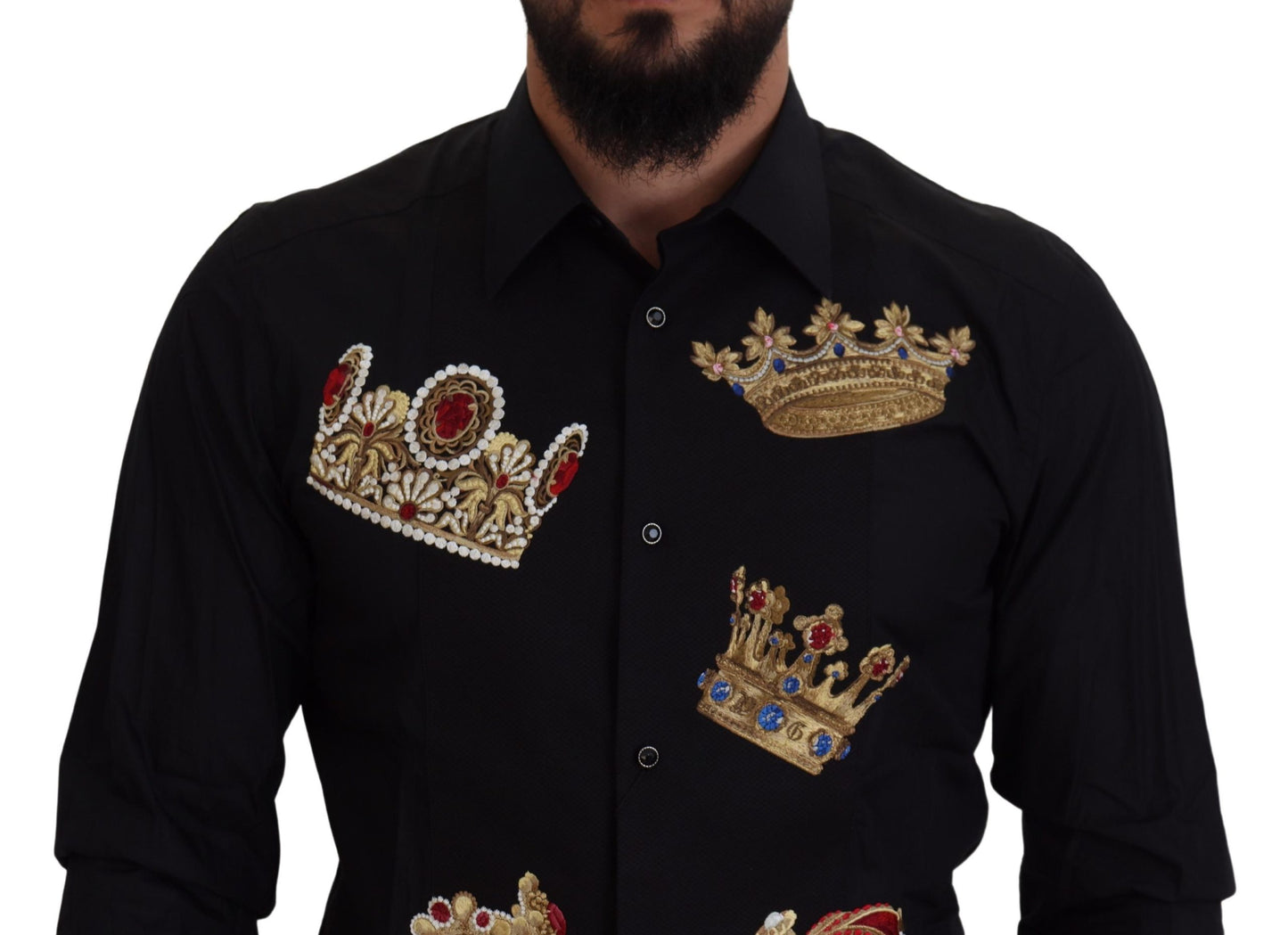 Dolce & Gabbana Elegant Black Slim Fit Dress Shirt with Crown Embroidery