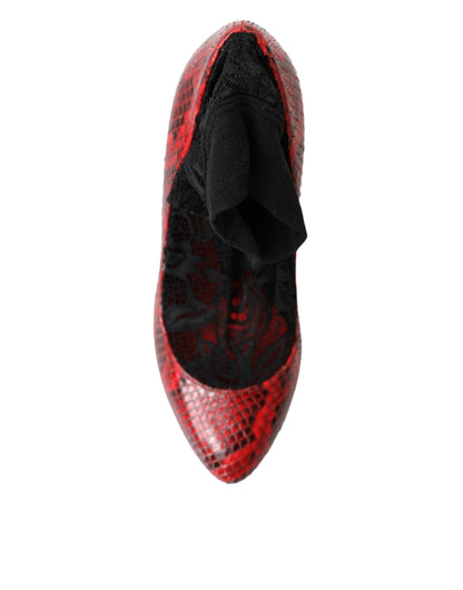 Dolce & Gabbana Red Almond Toe Snakeskin Pumps with Lace Socks