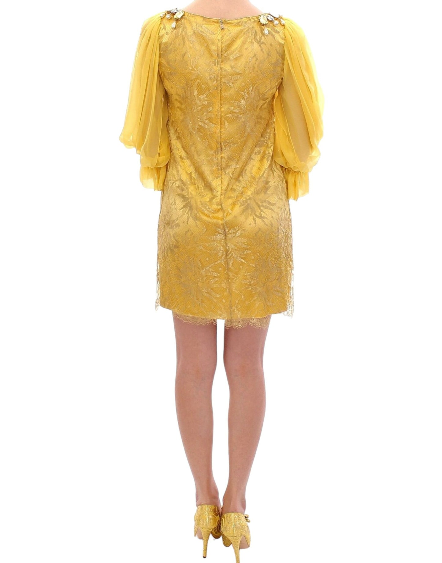 Dolce & Gabbana Yellow Lace Crystal Embellished Mini Dress