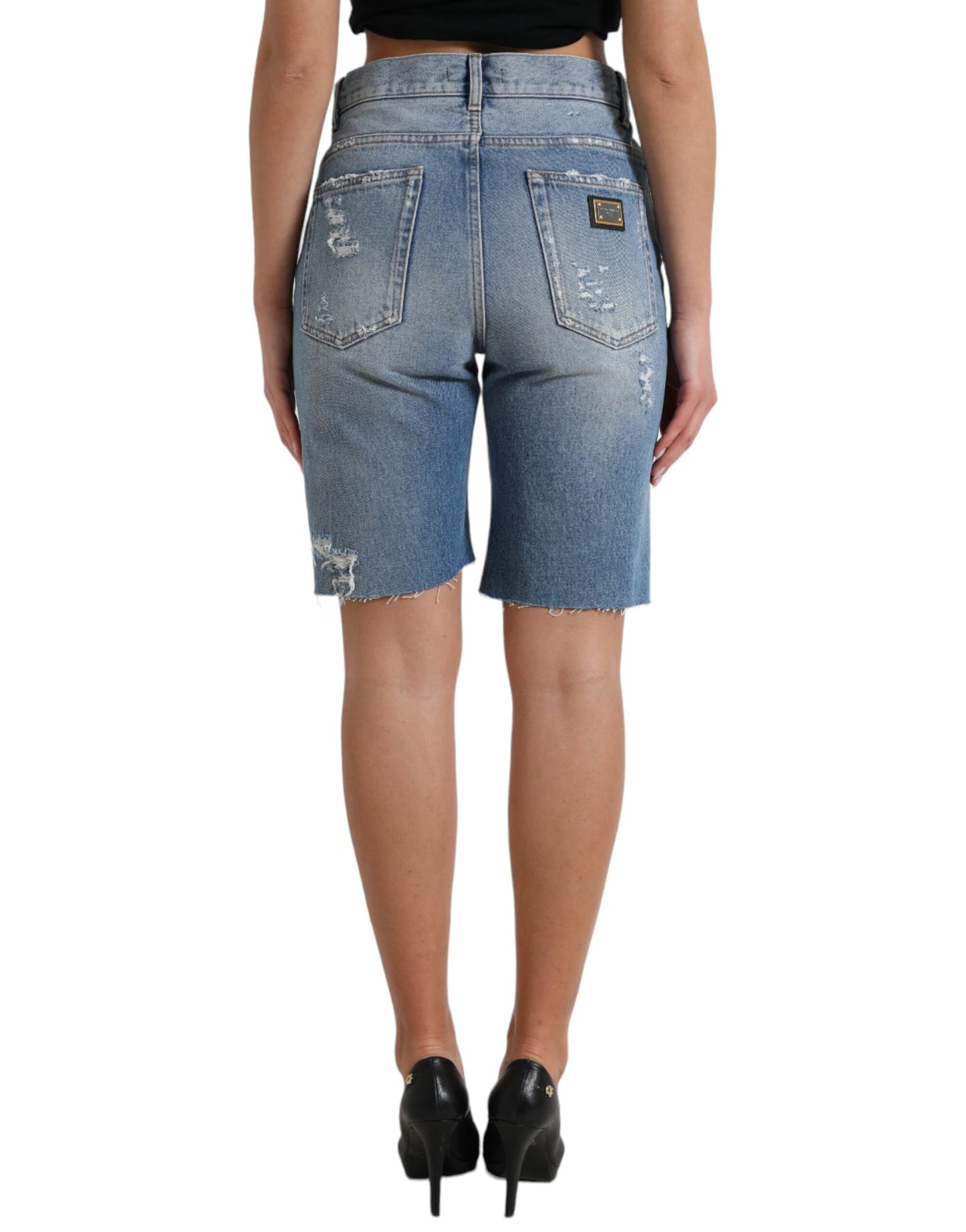 Dolce & Gabbana High Waist Embellished Bermuda Denim Shorts