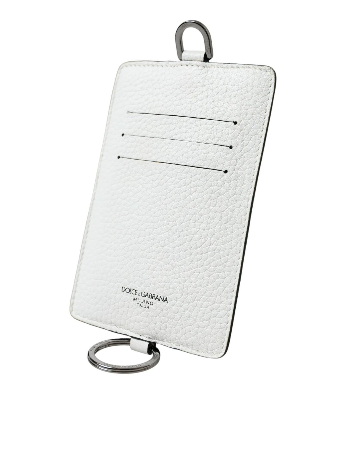 Dolce & Gabbana White Calf Leather Lanyard Logo Card Holder Wallet