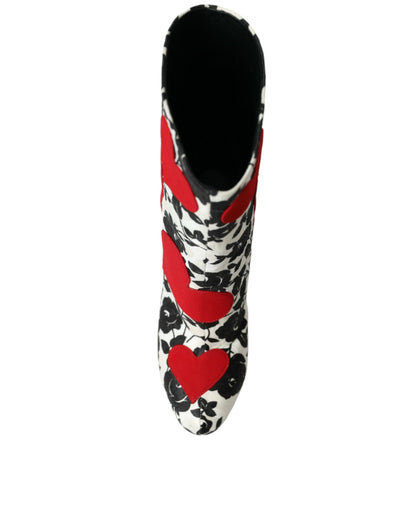 Dolce & Gabbana White Floral Hearts Leather High Boots Shoes