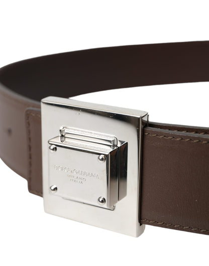 Dolce & Gabbana Brown Calf Leather Square Metal Buckle Belt