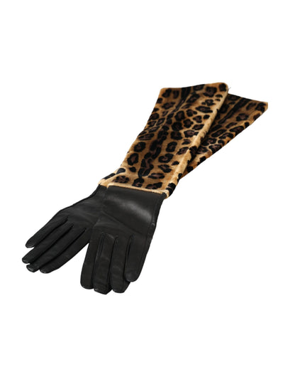 Dolce & Gabbana Brown Black Leopard Leather Elbow Length Gloves