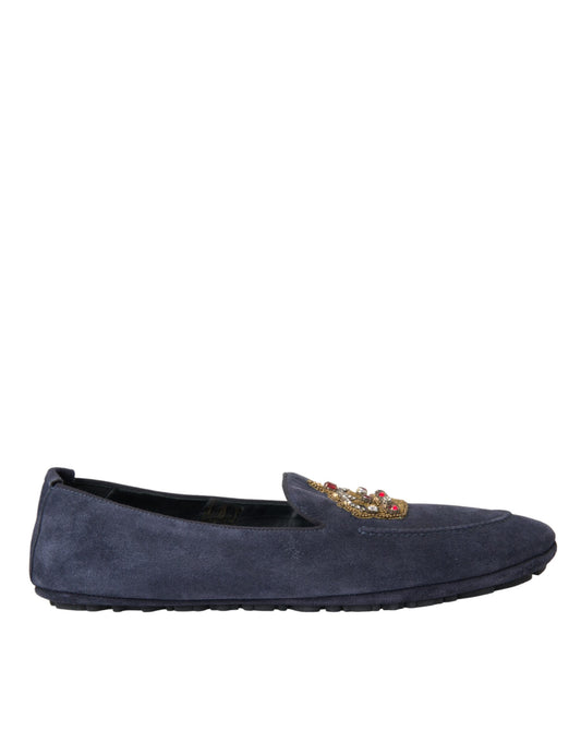 Dolce & Gabbana Blue Leather Suede Crystal Crown Loafers Shoes