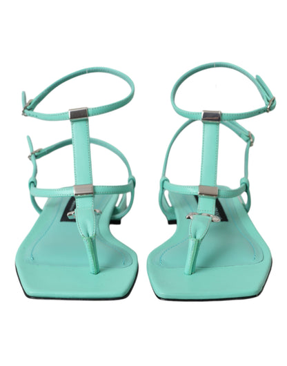 Dolce & Gabbana Aqua Green Leather Ankle Strap Flats Sandals Shoes