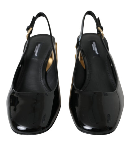 Dolce & Gabbana Black Gold Leather Embellished Slingbacks Shoes