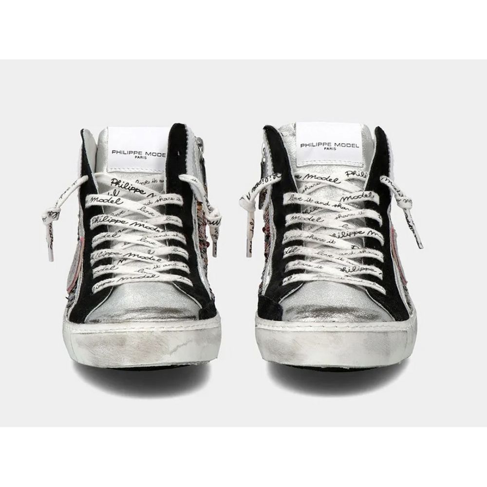 Philippe Model Elegant Gray Leather Sneakers with Sequin Details