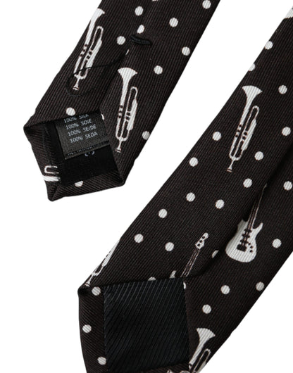 Dolce & Gabbana Black Guitar Print Silk Adjustable Tie