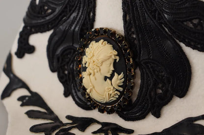 Dolce & Gabbana White Black Wool Embroidered Cameo Brooch Hat