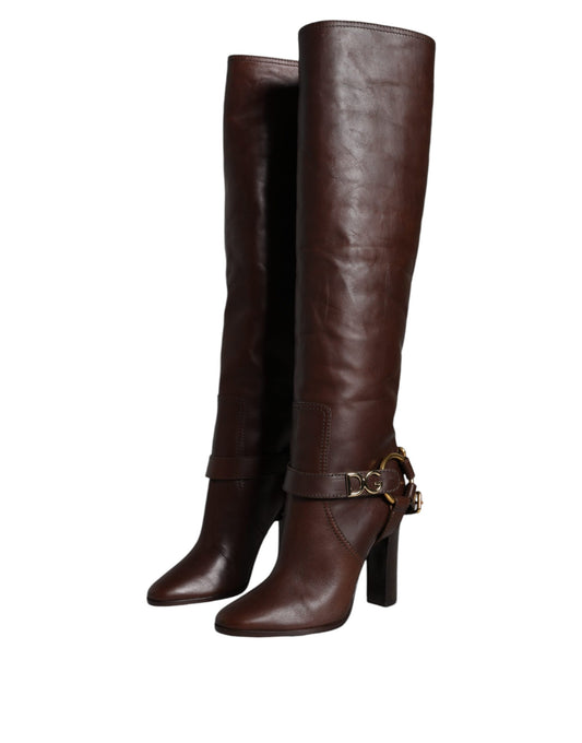 Dolce & Gabbana Brown Leather Gold Tone Logo High Boots Shoes