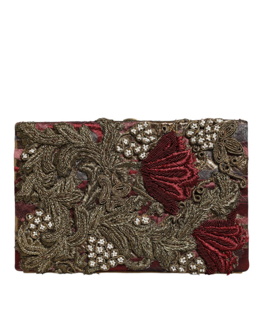 Dolce & Gabbana Maroon Gold Floral Jacquard Gold Frame Clutch Evening Purse Bag