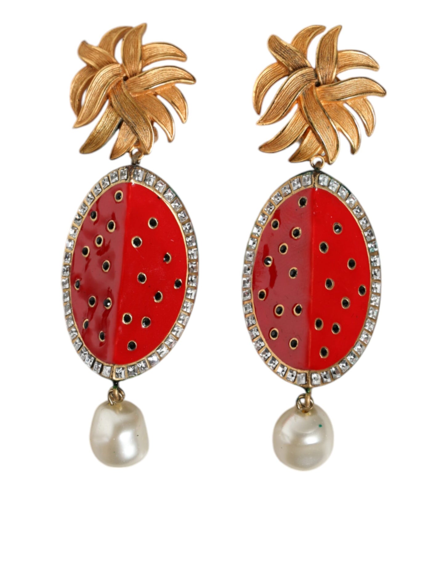 Dolce & Gabbana Red Watermelon Gold Brass Crystal Clip Dangling Earrings