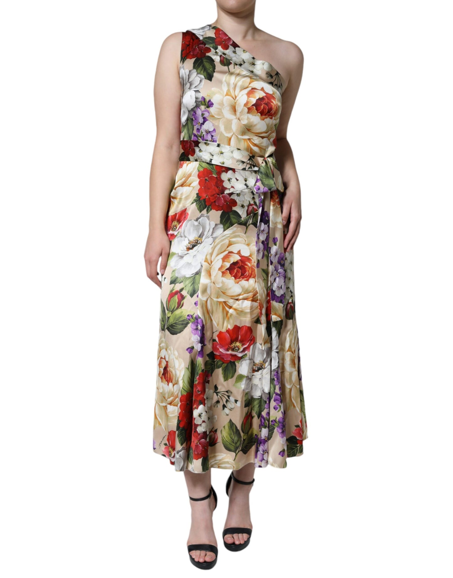 Dolce & Gabbana Multicolor Floral Silk Stretch One Shoulder Dress