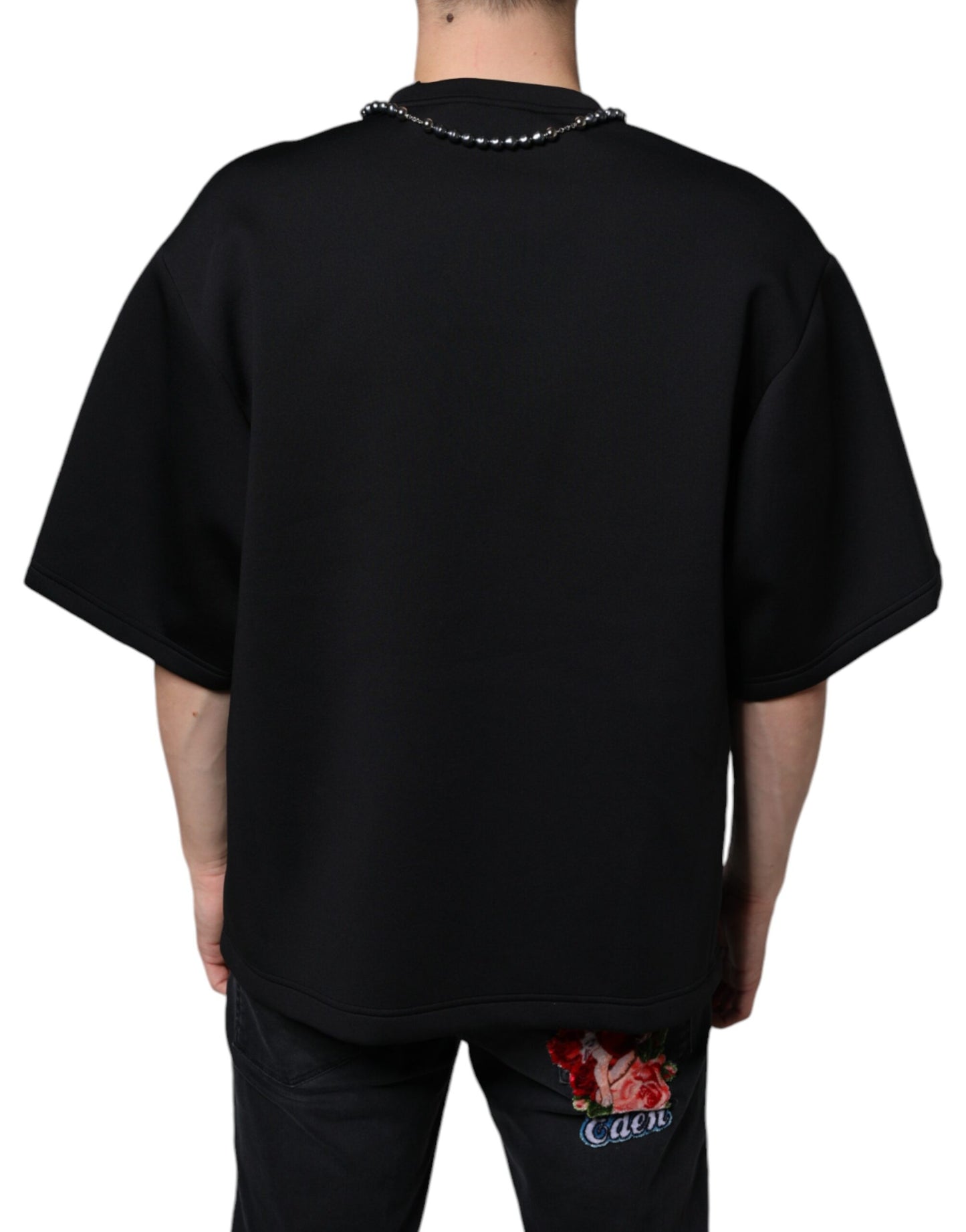 Dolce & Gabbana Black Polyester Necklace Embellished T-shirt