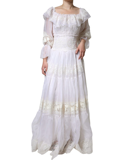 Dolce & Gabbana White Floral Lace Corset Cotton Maxi Dress