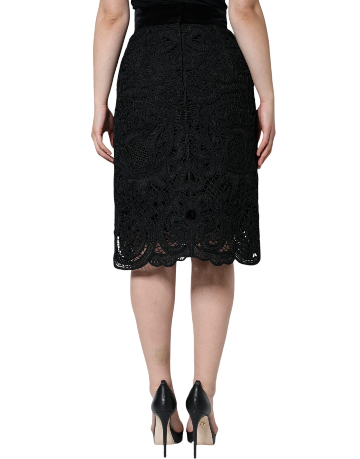 Dolce & Gabbana Black Floral Lace HighWaist Pencil Cut Skirt