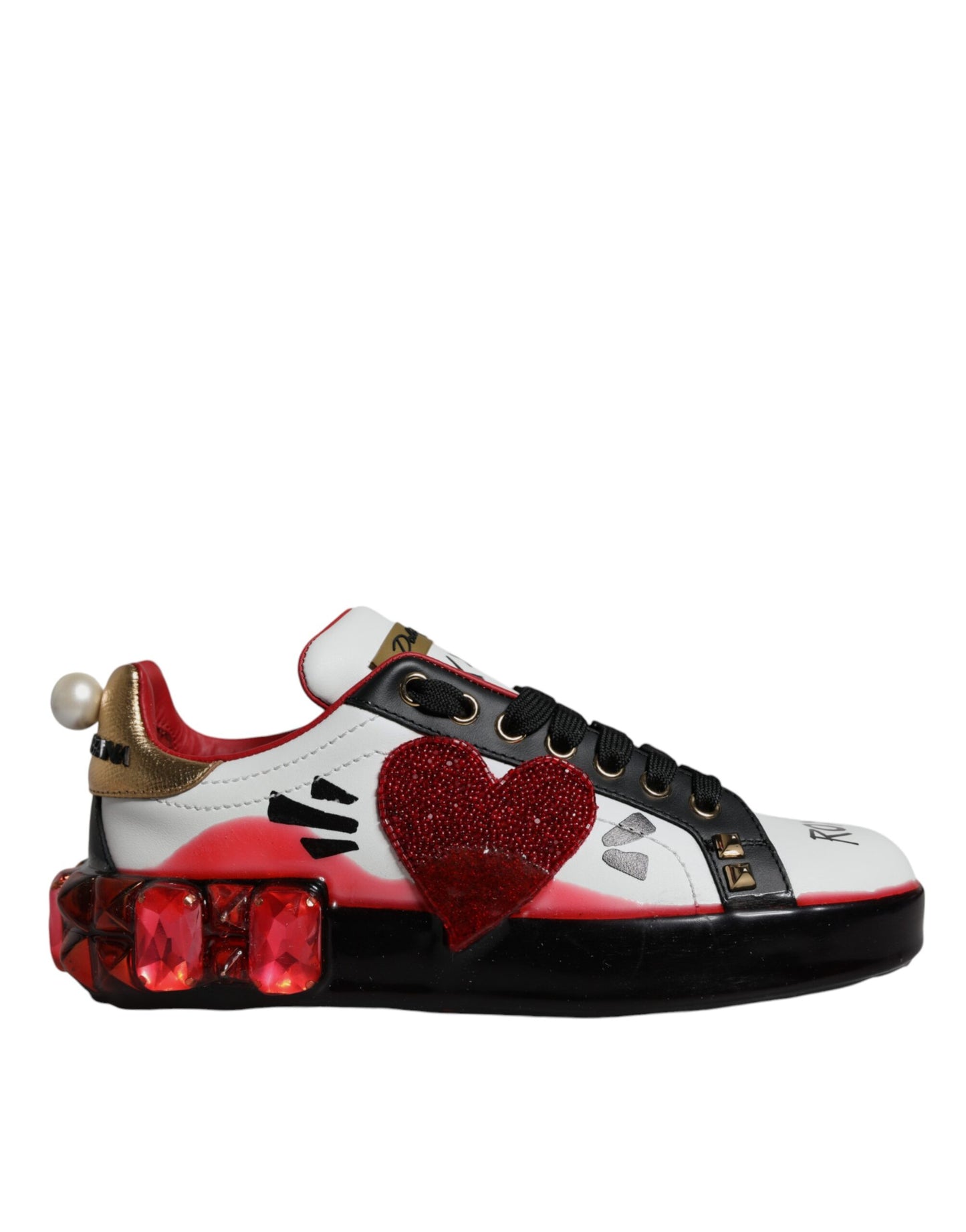 Dolce & Gabbana White Red Crystals Leather Portofino Sneakers Shoes