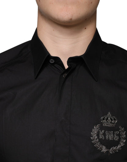 Dolce & Gabbana Black King Crown Embroidered GOLD Dress Shirt