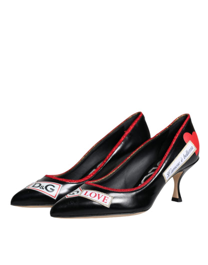 Dolce & Gabbana Black Leather Logo Print Heels Pumps Shoes