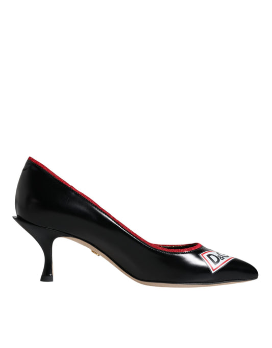 Dolce & Gabbana Black Leather Logo Print Heels Pumps Shoes