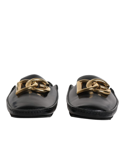 Dolce & Gabbana Black Leather DG Logo Slip On Shoes