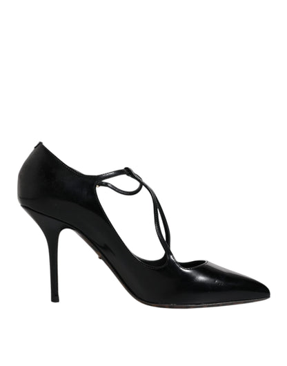 Dolce & Gabbana Black Leather T-strap Stiletto Heels Shoes