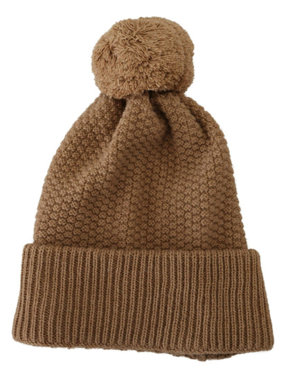 Dolce & Gabbana Elegant Camel Knit Beanie with Fur Accent